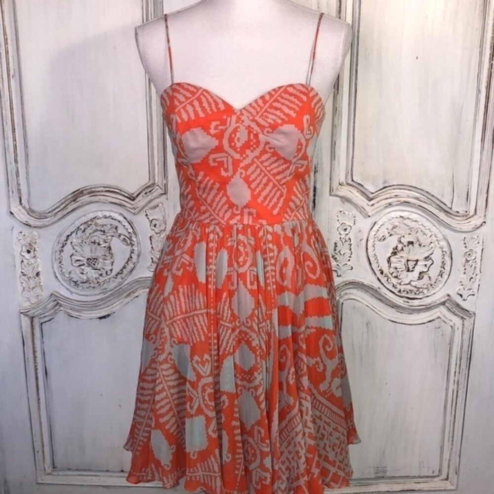 Milly of New York Orange and Beige Spaghetti Strap Waisted Fit and Flair Dress